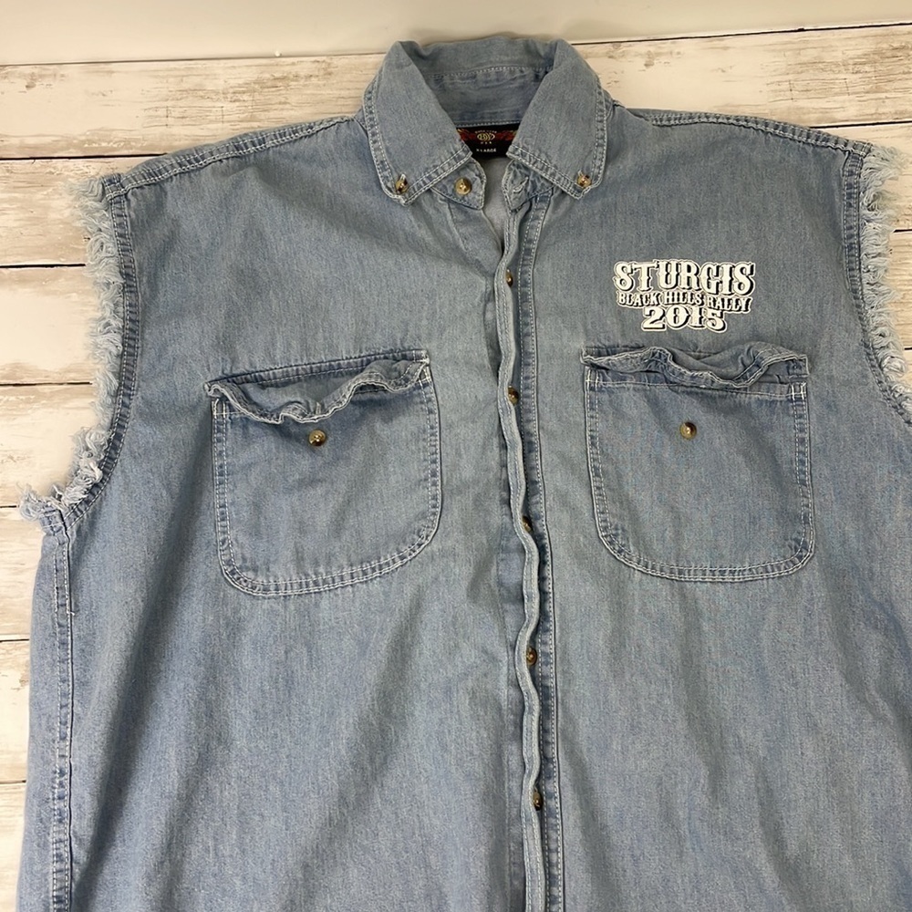 STURGIS MOTORCYCLE BLACK HILLS VALLEY SLEEVELESS JEAN SHIRT SZ XL - Picture 3 of 8